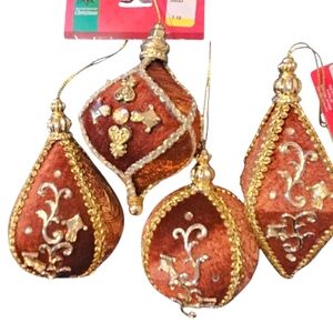 15 Vtg Burnt Orange Fabric w/Gold & Rhinestone Emblishments Christmas Ornaments